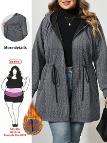 SHEIN CURVE+ 大尺碼女款連帽夾克外套，附口袋，灰色，休閒寬鬆，適合秋季假期教師穿著 - 灰色 - 查看 10