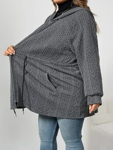 SHEIN CURVE+ 大尺碼女款連帽夾克外套，附口袋，灰色，休閒寬鬆，適合秋季假期教師穿著 - 灰色 - 查看 8