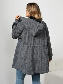 SHEIN CURVE+ 大尺碼女款連帽夾克外套，附口袋，灰色，休閒寬鬆，適合秋季假期教師穿著 - 灰色 - 查看 2