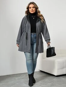 SHEIN CURVE+ 大尺碼女款連帽夾克外套，附口袋，灰色，休閒寬鬆，適合秋季假期教師穿著 - 灰色 - 查看 5
