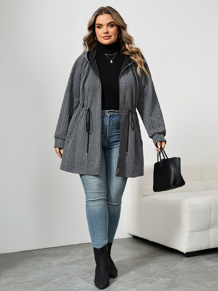 SHEIN CURVE+ Plus Size Women's Hooded Jacket With Pockets Holiday Teacher Grey Autumn Casual Baggy Fall - Grey - View 5