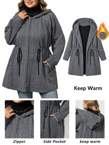 SHEIN CURVE+ 大尺碼女款連帽夾克外套，附口袋，灰色，休閒寬鬆，適合秋季假期教師穿著 - 灰色 - 查看 1