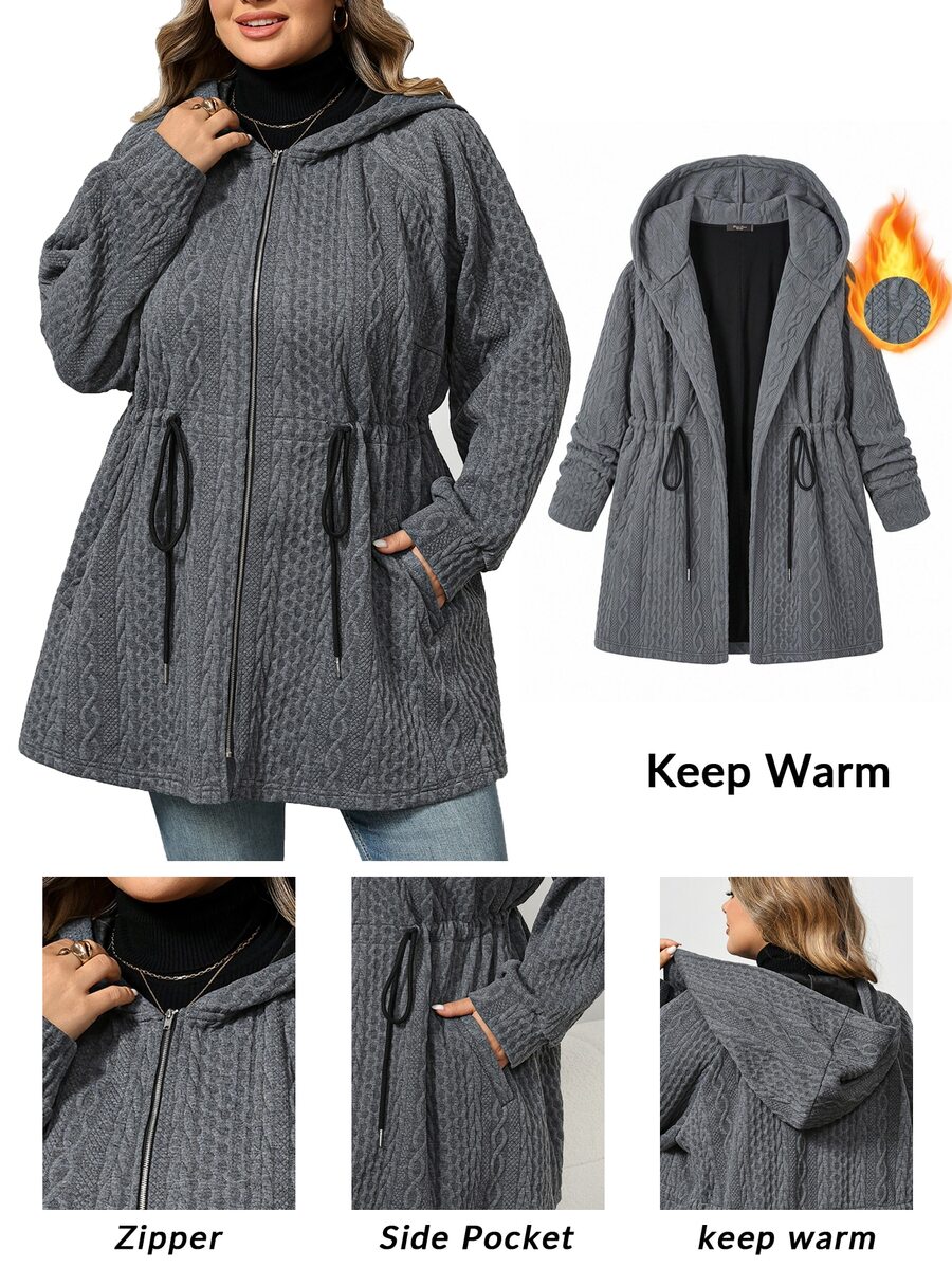 SHEIN CURVE+ 大尺碼女款連帽夾克外套,附口袋,灰色,休閒寬鬆,適合秋季假期教師穿著 - 灰色 - 查看 1