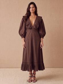 CielaLinda Women's V-Neck Ruffle Maxi Dress, Puff Sleeve Asymmetric Hem Dress, Pleated Hem Long Dress - Brown - View 4