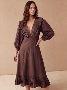 CielaLinda Women's V-Neck Ruffle Maxi Dress, Puff Sleeve Asymmetric Hem Dress, Pleated Hem Long Dress - Brown - View 2