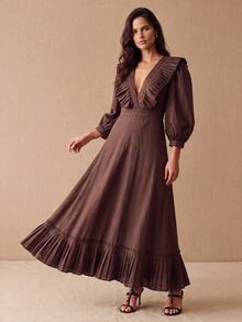 CielaLinda Women's V-Neck Ruffle Maxi Dress, Puff Sleeve Asymmetric Hem Dress, Pleated Hem Long Dress - Brown - View 5