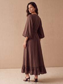 CielaLinda Women's V-Neck Ruffle Maxi Dress, Puff Sleeve Asymmetric Hem Dress, Pleated Hem Long Dress - Brown - View 3