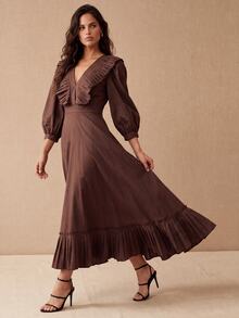 CielaLinda Women's V-Neck Ruffle Maxi Dress, Puff Sleeve Asymmetric Hem Dress, Pleated Hem Long Dress - Brown - View 1