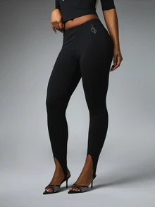 BABYPHAT Rhinestone Script High Rise Skinny Leggings With Front Split Hem And Cat Logo Detail For Fall Winter - Black - View 2