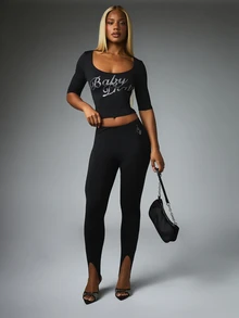 BABYPHAT Rhinestone Script High Rise Skinny Leggings With Front Split Hem And Cat Logo Detail For Fall Winter - Black - View 3