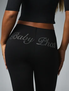 BABYPHAT Rhinestone Script High Rise Skinny Leggings With Front Split Hem And Cat Logo Detail For Fall Winter - Black - View 4