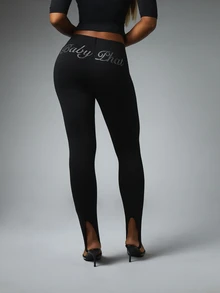 BABYPHAT Rhinestone Script High Rise Skinny Leggings With Front Split Hem And Cat Logo Detail For Fall Winter - Black - View 1