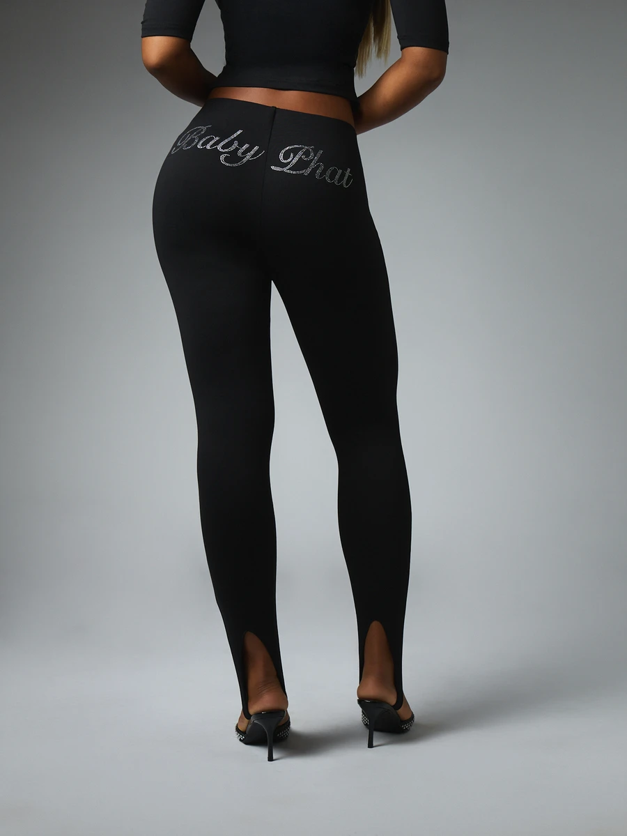 BABYPHAT Rhinestone Script High Rise Skinny Leggings With Front Split Hem And Cat Logo Detail For Fall Winter - Black - View 1