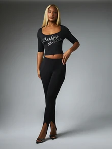 BABYPHAT Rhinestone Script High Rise Skinny Leggings With Front Split Hem And Cat Logo Detail For Fall Winter - Black - View 5