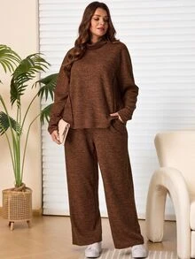 EMERY ROSE 2pcs Set Plus Size Women's Autumn/Winter Casual Country Vacation Brown T-Shirt And Pants 2 Pieces Set With Pockets,Fall, Loungewear,Modest Outfits - Brown - View 10