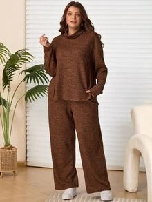 EMERY ROSE 2pcs Set Plus Size Women's Autumn/Winter Casual Country Vacation Brown T-Shirt And Pants 2 Pieces Set With Pockets,Fall, Loungewear,Modest Outfits - Brown - View 4