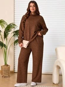 EMERY ROSE 2pcs Set Plus Size Women's Autumn/Winter Casual Country Vacation Brown T-Shirt And Pants 2 Pieces Set With Pockets,Fall, Loungewear,Modest Outfits - Brown - View 8