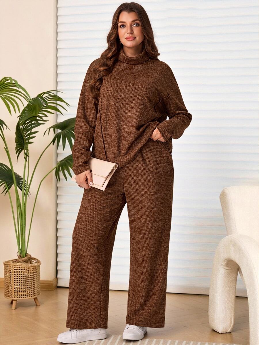 EMERY ROSE 2pcs Set Plus Size Women's Autumn/Winter Casual Corset Thanksgiving Brown T-Shirt Pants With Pockets Fall Loungewear Birthday Home Wear Evening - Brown - View 1