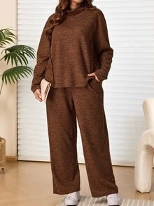 EMERY ROSE 2pcs Set Plus Size Women's Autumn/Winter Casual Country Vacation Brown T-Shirt And Pants 2 Pieces Set With Pockets,Fall, Loungewear,Modest Outfits - Brown - View 6