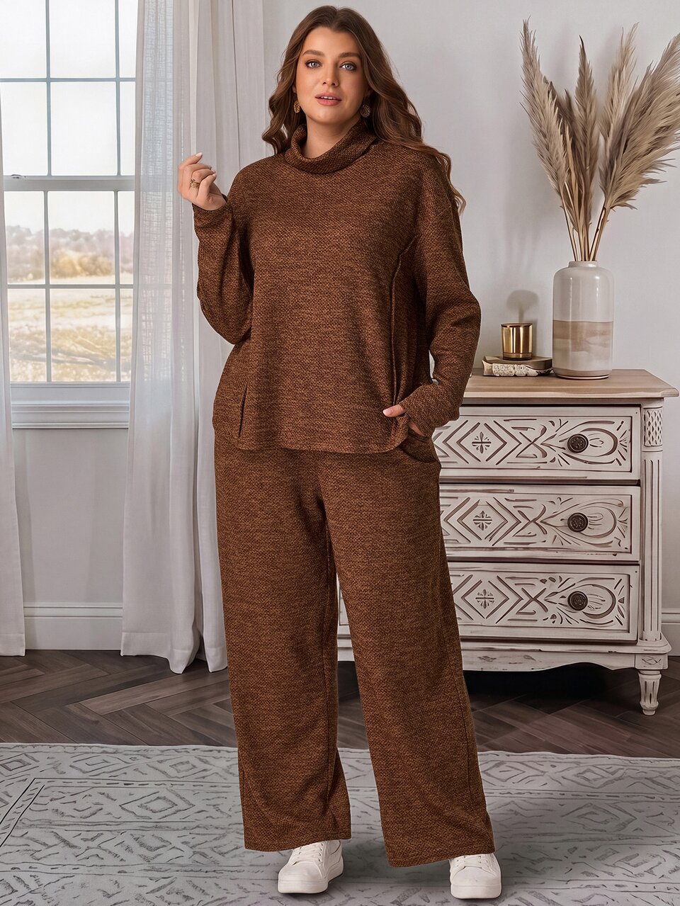 2pcs Set Plus Size Women's Autumn/Winter Casual Country Vacation Brown T-Shirt And Pants 2 Pieces Set With Pockets,Fall, Loungewear,Modest Outfits