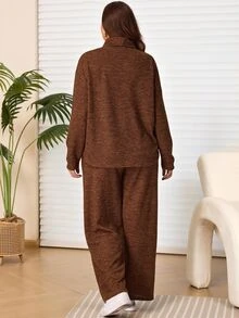 EMERY ROSE 2pcs Set Plus Size Women's Autumn/Winter Casual Country Vacation Brown T-Shirt And Pants 2 Pieces Set With Pockets,Fall, Loungewear,Modest Outfits - Brown - View 3