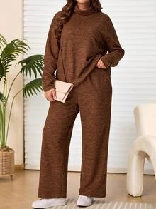 EMERY ROSE 2pcs Set Plus Size Women's Autumn/Winter Casual Country Vacation Brown T-Shirt And Pants 2 Pieces Set With Pockets,Fall, Loungewear,Modest Outfits - Brown - View 1