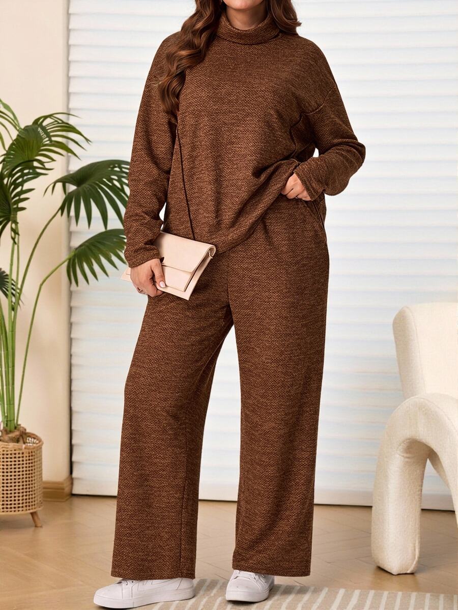 EMERY ROSE 2pcs Set Plus Size Women's Autumn/Winter Casual Country Vacation Brown T-Shirt And Pants 2 Pieces Set With Pockets,Fall, Loungewear,Modest Outfits - Brown - View 1