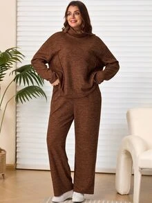 EMERY ROSE 2pcs Set Plus Size Women's Autumn/Winter Casual Country Vacation Brown T-Shirt And Pants 2 Pieces Set With Pockets,Fall, Loungewear,Modest Outfits - Brown - View 5