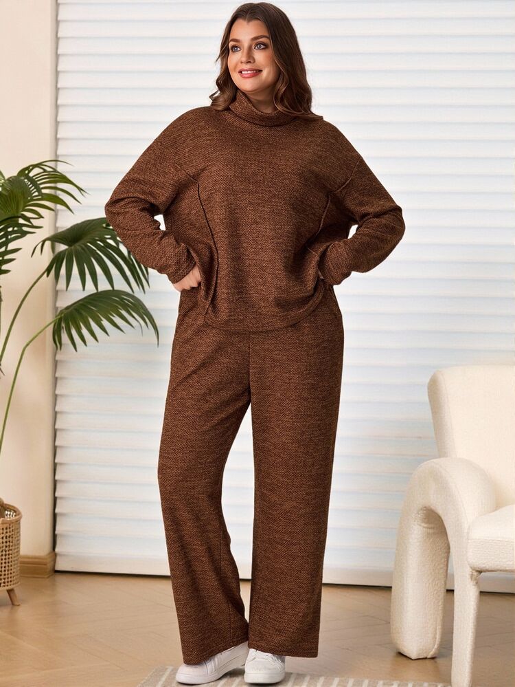 EMERY ROSE Set 2 Potong Ukuran Plus Wanita Musim Gugur/Dingin Kasual Liburan Pedesaan Kaos dan Celana Cokelat Set 2 Potong dengan Saku, Musim Gugur, Pakaian Santai, Pakaian Sopan - Coklat - View 5