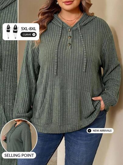 SHEIN CURVE+ كنزة نسائية مقاس كبير عتيقة متعددة الوظائف بأزرار وسحاب نصف مفتوح وجيوب، كنزة فضفاضة مضلعة خضراء للخريف/الشتاء، مناسبة للمقاسات الكبيرة 5XL-8XL