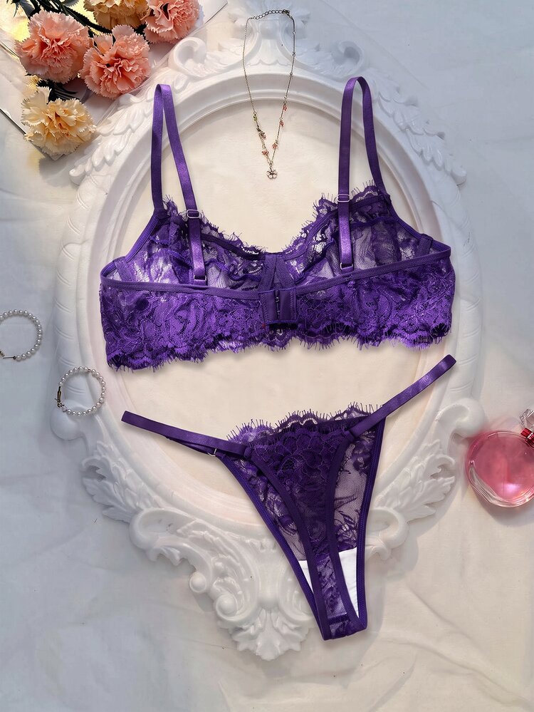 Crystal Vow 2pcs Rose Red Mature Sexy Style Lace Patchwork Lingerie Set - Purple - View 2