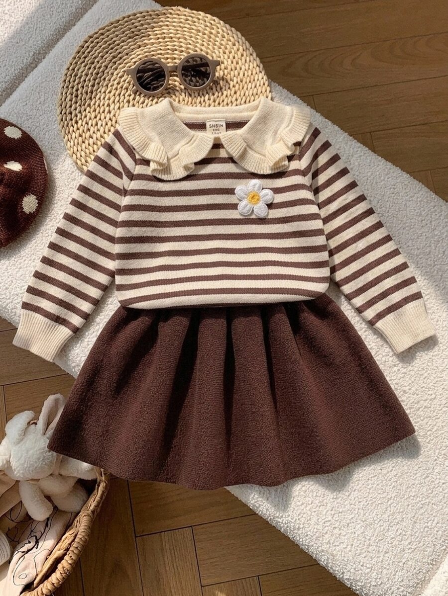 SHEIN Young Girl Knitted Striped Patchwork Turn-Down Collar 3D Flower Casual Sweater And Skirt 2 Pieces Set - Multicolor - View 1