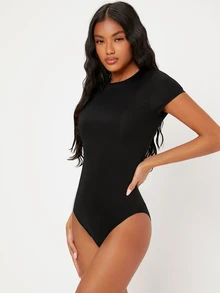 SHEIN BASICS 1pc Solid Slim Fit Bodysuit Summer Outfit For Women Going Out Black Sexy - Black - View 5
