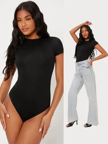 SHEIN BASICS 1pc Solid Slim Fit Bodysuit Summer Outfit For Women Going Out Black Sexy - Black - View 2