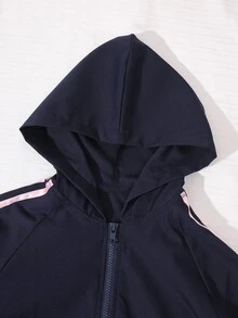 SHEIN Set Pakaian Musim Gugur untuk Remaja Perempuan: 3 potong/set, terdiri dari hoodie lengan panjang, jaket pendek lengan panjang terbuka di depan, dan tank top camisole putih. - Navy Blue - View 5
