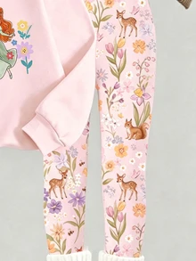 Tween Girls 2 Pcs Fall Outfits Princess Cartoon Print Crew Neck Sweatshirt & Floral Deer Leggings Sweet Casual Autumn - Multicolor - View 4