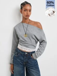 Maija Gray Casual Elegant Streetwear Women's Sweatshirt With Asymmetric Shoulder And Patchwork Everyday Date Night Fall Work Going Out - Grey - View 7