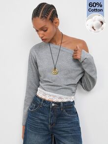 Maija Gray Casual Elegant Streetwear Women's Sweatshirt With Asymmetric Shoulder And Patchwork Everyday Date Night Fall Work Going Out - Grey - View 4