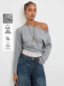 Maija Gray Casual Elegant Streetwear Women's Sweatshirt With Asymmetric Shoulder And Patchwork Everyday Date Night Fall Work Going Out - Grey - View 1