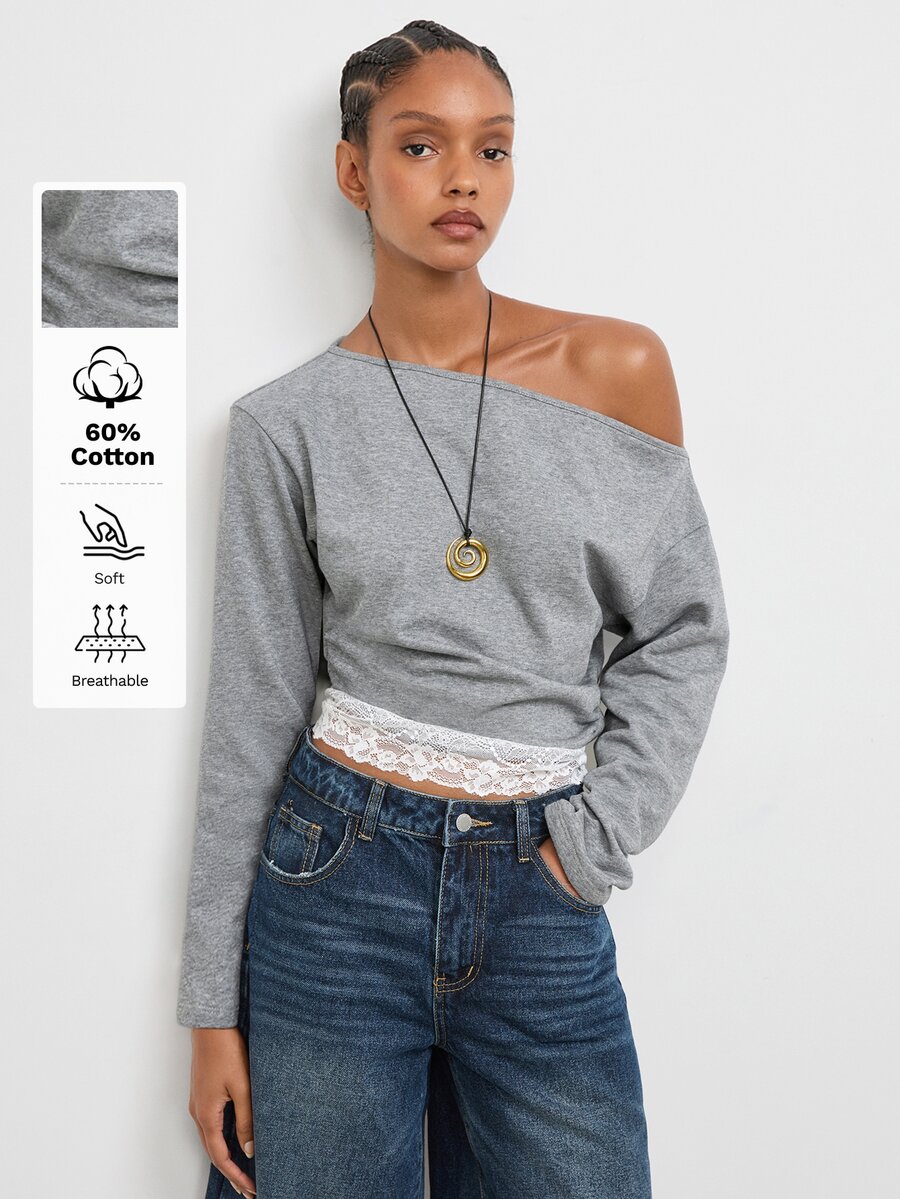 Maija Gray Casual Elegant Streetwear Women's Sweatshirt With Asymmetric Shoulder And Patchwork Everyday Date Night Fall Work Going Out - Grey - View 1