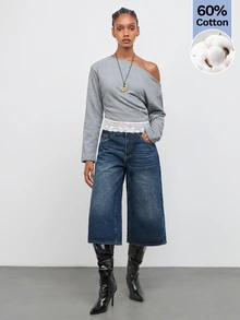Maija Gray Casual Elegant Streetwear Women's Sweatshirt With Asymmetric Shoulder And Patchwork Everyday Date Night Fall Work Going Out - Grey - View 2