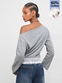Maija Gray Casual Elegant Streetwear Women's Sweatshirt With Asymmetric Shoulder And Patchwork Everyday Date Night Fall Work Going Out - Grey - View 5