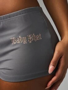 BABYPHAT شورتات بوتي قصيرة جداً بشعار وطبعة مؤخرة بالخط الإنجليزي القديم، خصر مطاطي منخفض، ستايل Y2K لمهرجانات الصيف - رمادي غامق - مشاهدة 5