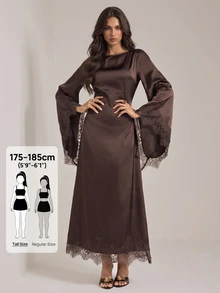SHEIN Tall 高挑版型端莊風棕色緞面洋裝，配優雅收腰繫帶與蕾絲拼接設計 - 棕色 - 查看 4