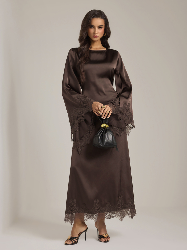 SHEIN Tall Tall-Fit, Modest-Style Brown Satin Dress Featuring Elegant Waist-Cinching Ties And Lace Paneling. - Brown - View 12