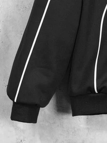 1pc Teen Boy Spring/Autumn Striped Minimalist College Casual Thermal Lined Hooded Jacket Outerwear, Versatile Outfit - Black - View 6