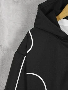 1pc Teen Boy Spring/Autumn Striped Minimalist College Casual Thermal Lined Hooded Jacket Outerwear, Versatile Outfit - Black - View 5