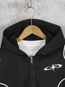 1pc Teen Boy Spring/Autumn Striped Minimalist College Casual Thermal Lined Hooded Jacket Outerwear, Versatile Outfit - Black - View 7