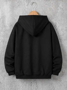 1pc Teen Boy Spring/Autumn Striped Minimalist College Casual Thermal Lined Hooded Jacket Outerwear, Versatile Outfit - Black - View 2
