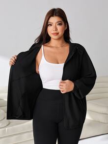 SHEIN EZwear Plus Size Women's Casual Baggy Versatile Solid Color Hooded Jacket Autumn Black Going Out Business - Black - View 10